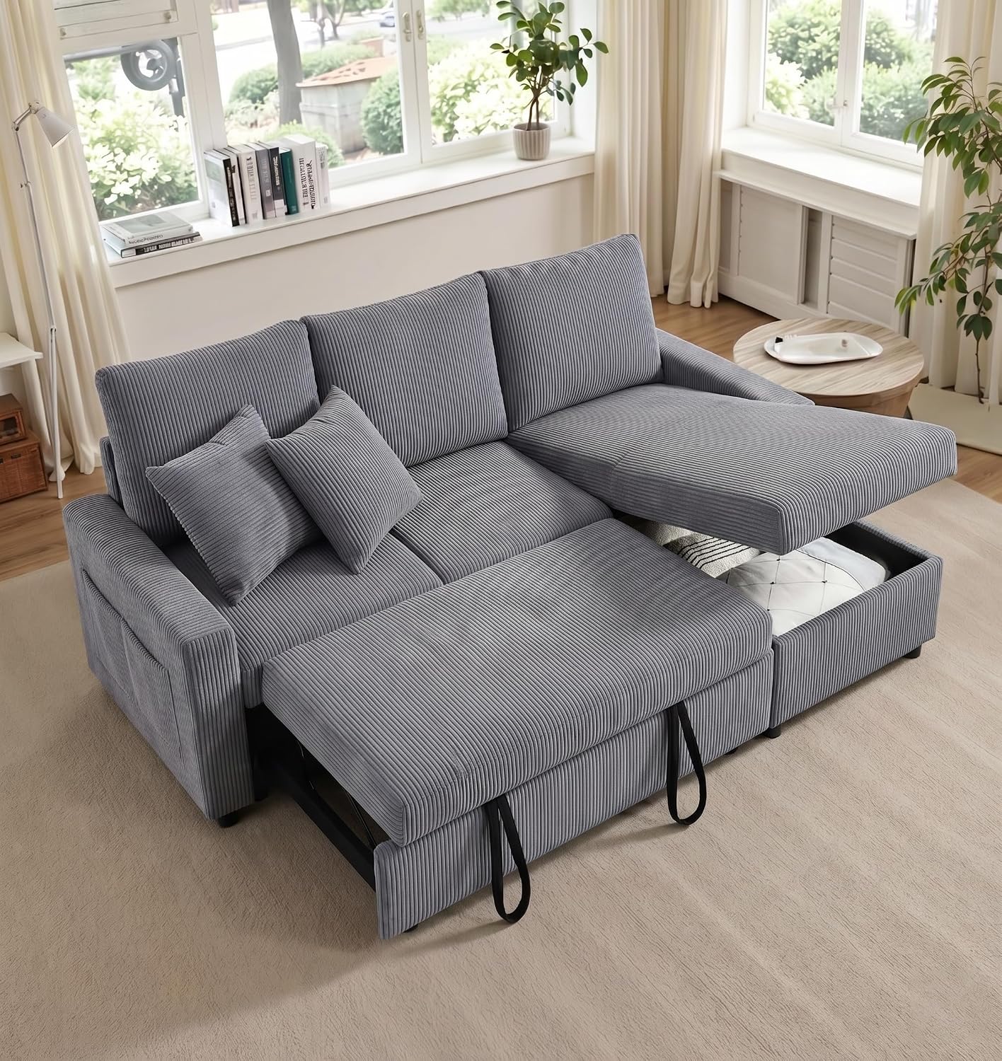 86in Reversible Sectional Sofa Couch, Sleeper Sofa Bed with Storage Chaise Pull Out Couch for Living Room (Ashgrey)
