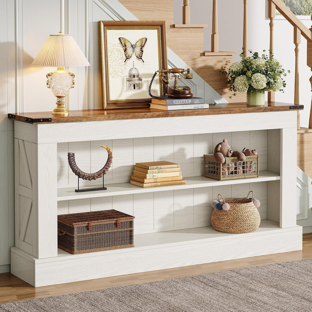 Tribesigns 63-Inch Long Console Table for Entryway, Narrow Long Entry Table with Shelves for Living Room, Farmhouse Sofa Console Behind Couch, for Foyer, Hallway, White and Brown