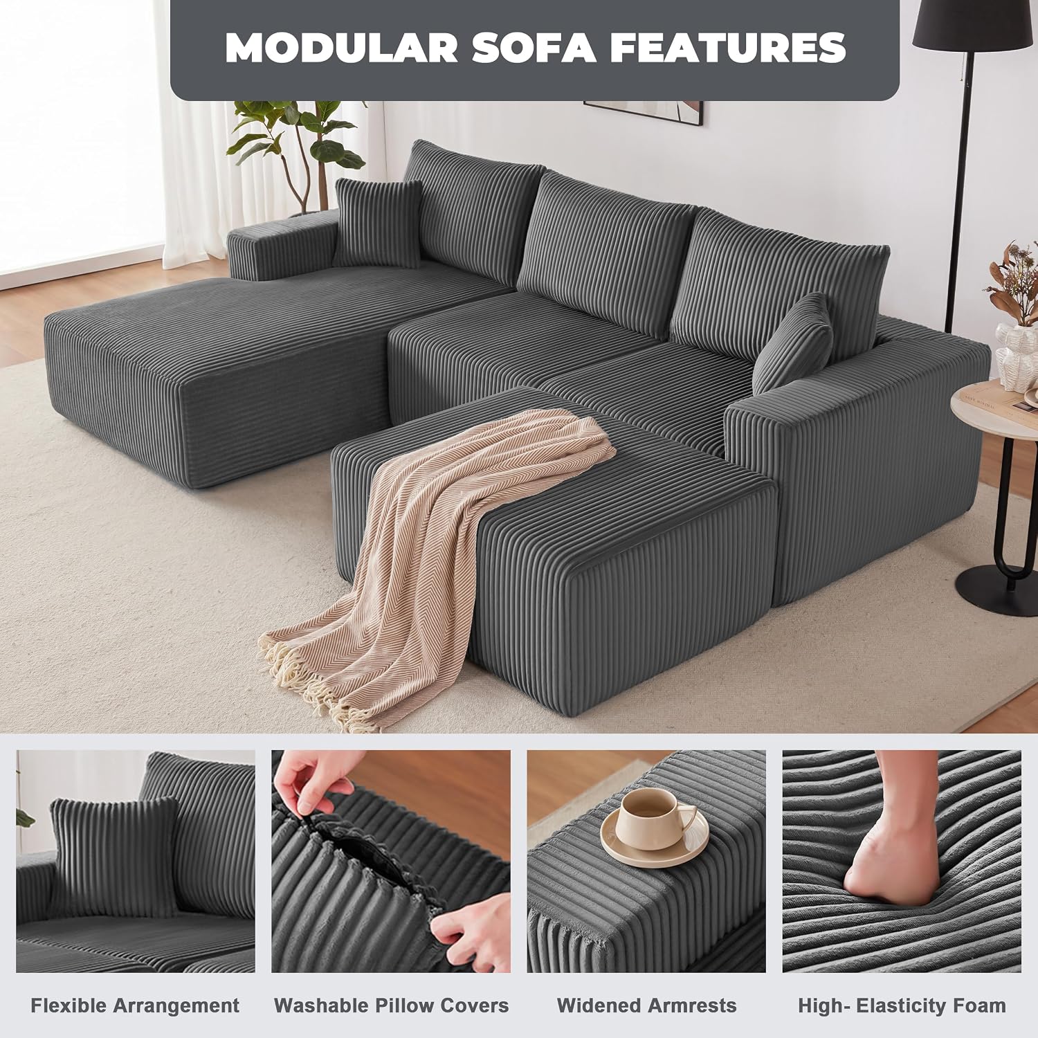 Weture 108' Modular Sectional Sofa, Cloud Sectional Couch with Deep Seat, Upholstered Boneless Couches for Living Room Bedroom, Modern Modular U-Shape Sofa Couch with Chaise, 5Seat, Gray
