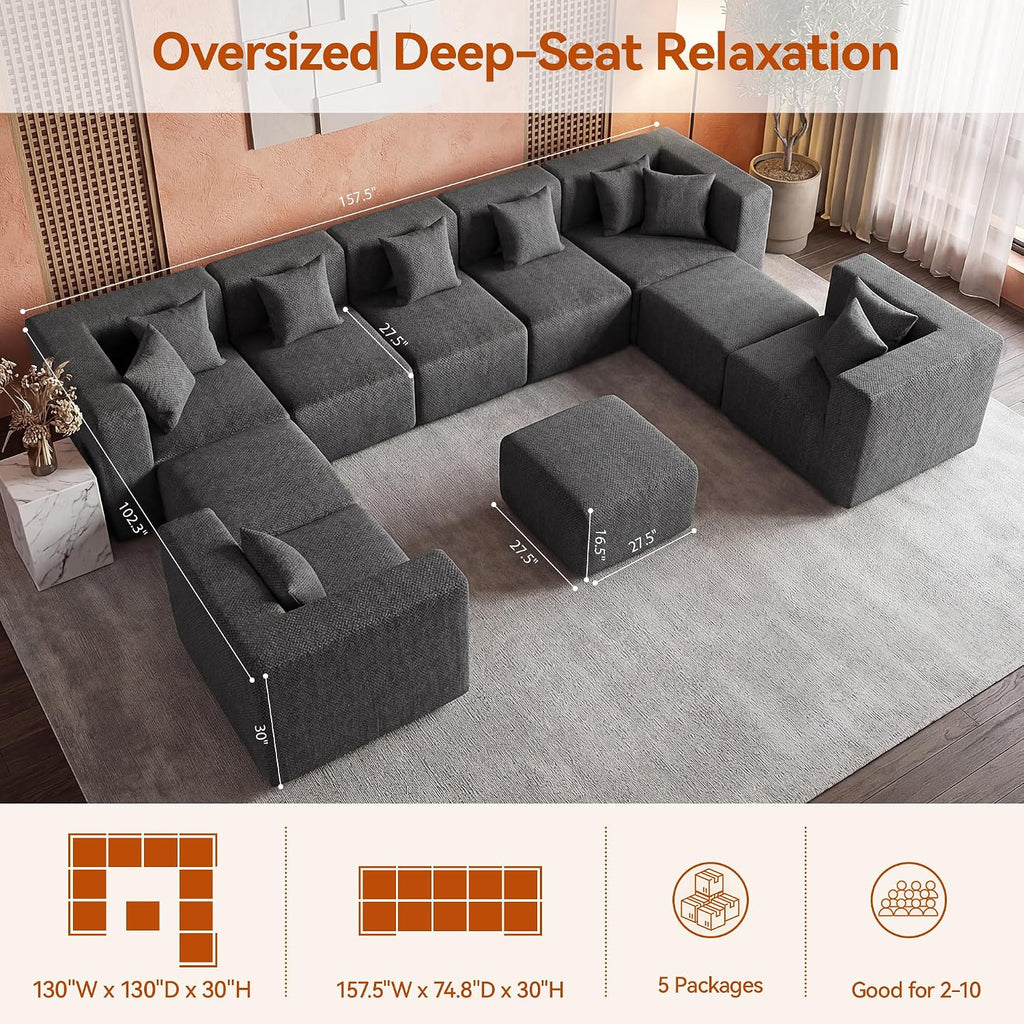 MONVANE Modular Sectional Sofa, Oversized 10 Seat Convertible U Shaped Couch with Ottoman, Comfy Chenille Cloud Couch with Deep Seat, Sectional Couches for Living Room, No Assembly Required, Grey