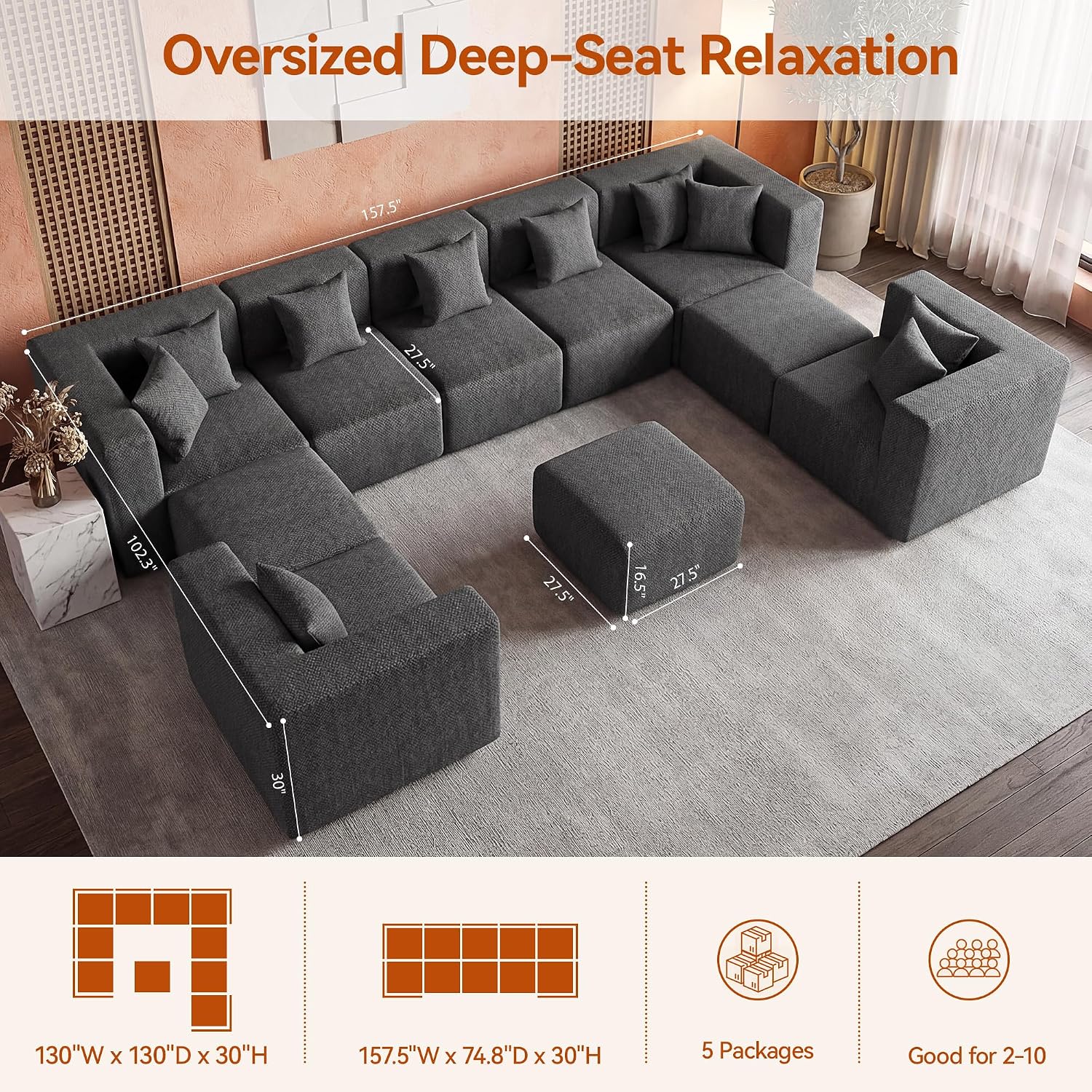 MONVANE Modular Sectional Sofa, Oversized 10 Seat Convertible U Shaped Couch with Ottoman, Comfy Chenille Cloud Couch with Deep Seat, Sectional Couches for Living Room, No Assembly Required, Grey