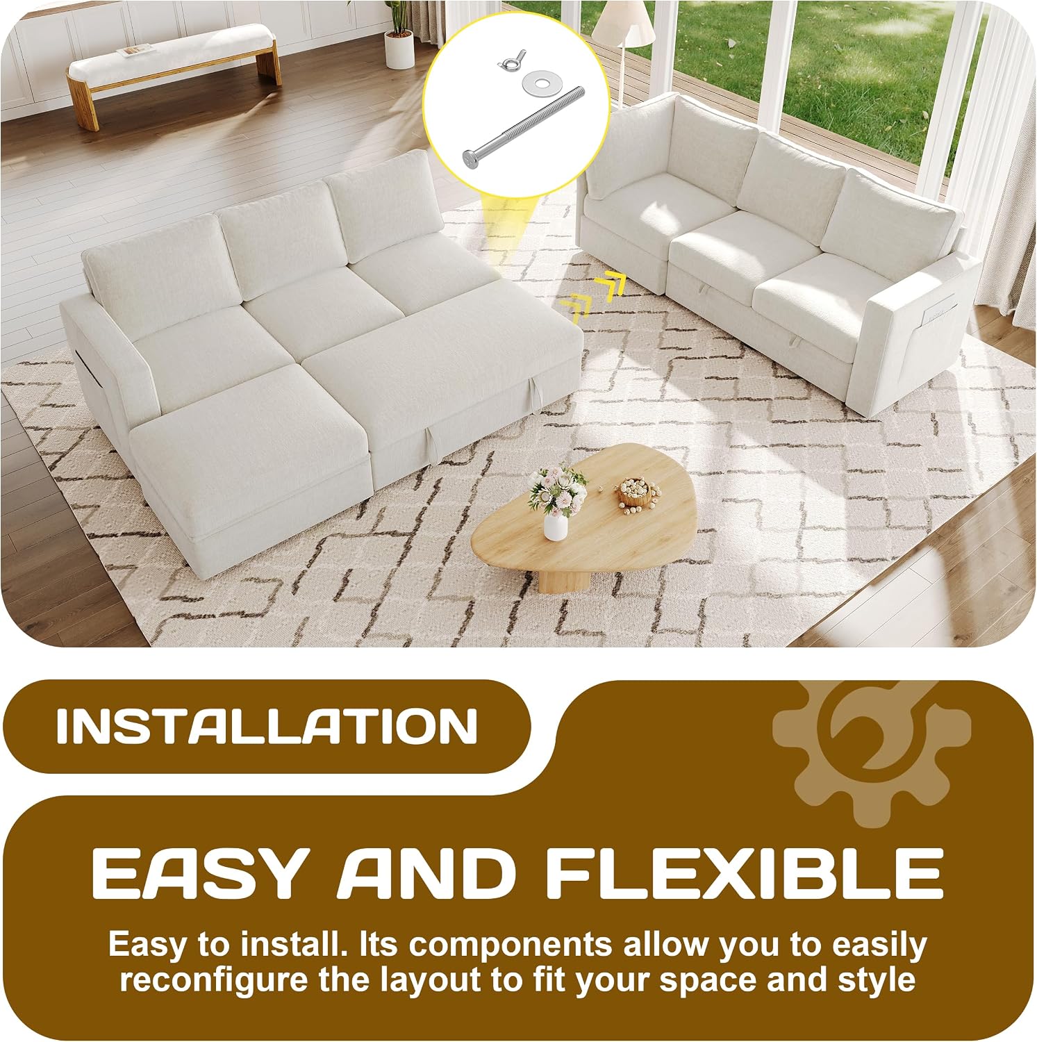 106.7' Sectional Sleeper Sofa with Pull Out Couch, Modern 7 Seat U Shaped Modular Couch, Sectionals Modular Sofa with Storage, Comfy Sectional Couches for Living Room & Apartment, Light Beige