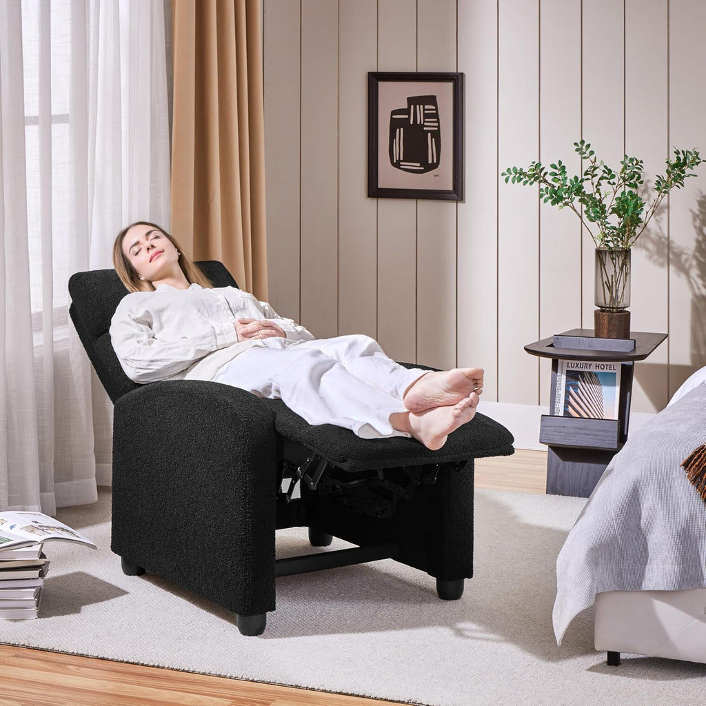 Yaheetech Boucle Recliner Chair Single Sofa Home Theater Seating Adjustable Modern Single Reclining Chair for Living Room Bedroom Home Theater Black