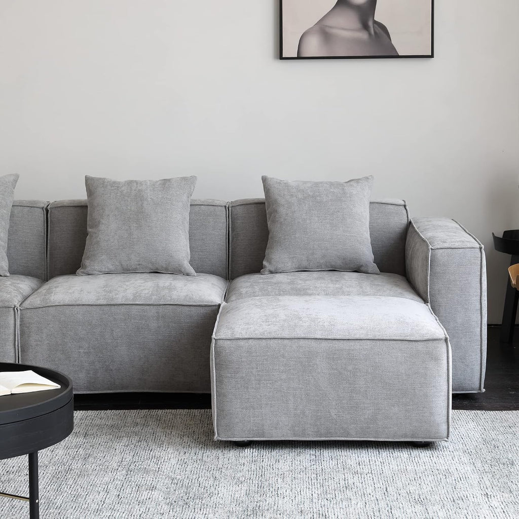 Acanva Luxury Modular Sectional Living Room Sofa Set, Modern Minimalist Style Couch with Ottoman and Chaise, L-Shape, Grey