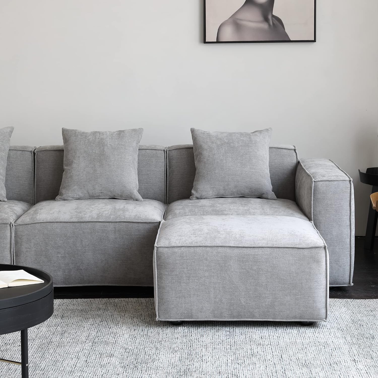 Acanva Luxury Modular Sectional Living Room Sofa Set, Modern Minimalist Style Couch with Ottoman and Chaise, L-Shape, Grey