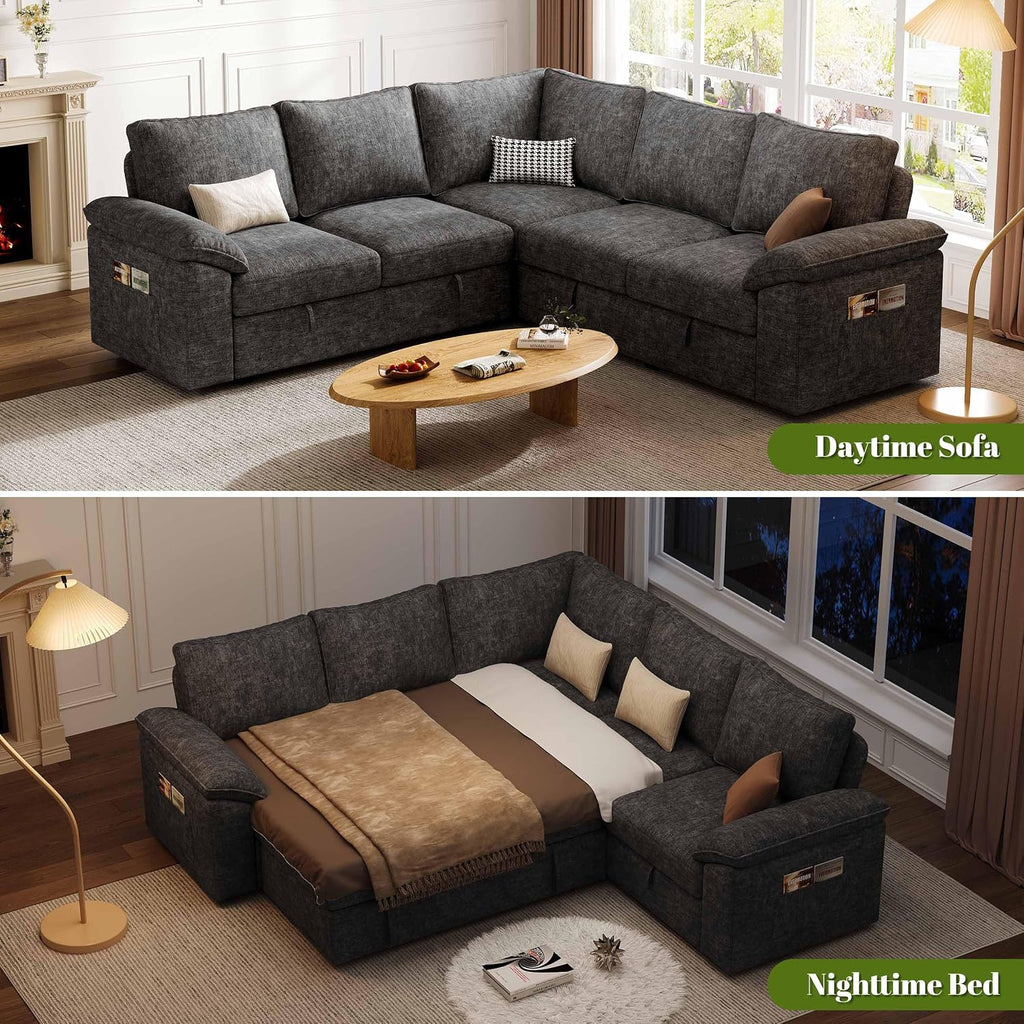85 Inch Modular Sectional Sofa with Pull Out Bed,L Shaped 5 Seat Sectional Sleeper Sofa with Storage,Sectional Couches for Living Room,Cloud Modular Couch,Removable Sofa Cover, Dark Grey