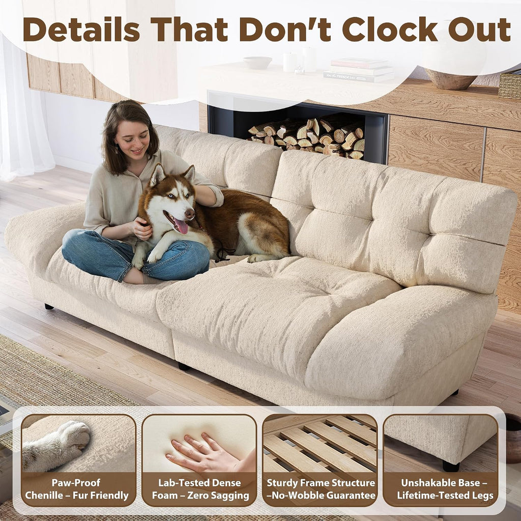 80' Cloud Couch, Chenille Cloud Sofa Overstuffed Love Seat Couches with Pillow Designed Armrest for Small Spaces, Deep Seat Two Seater Couch Loveseat Sofa, Beige White
