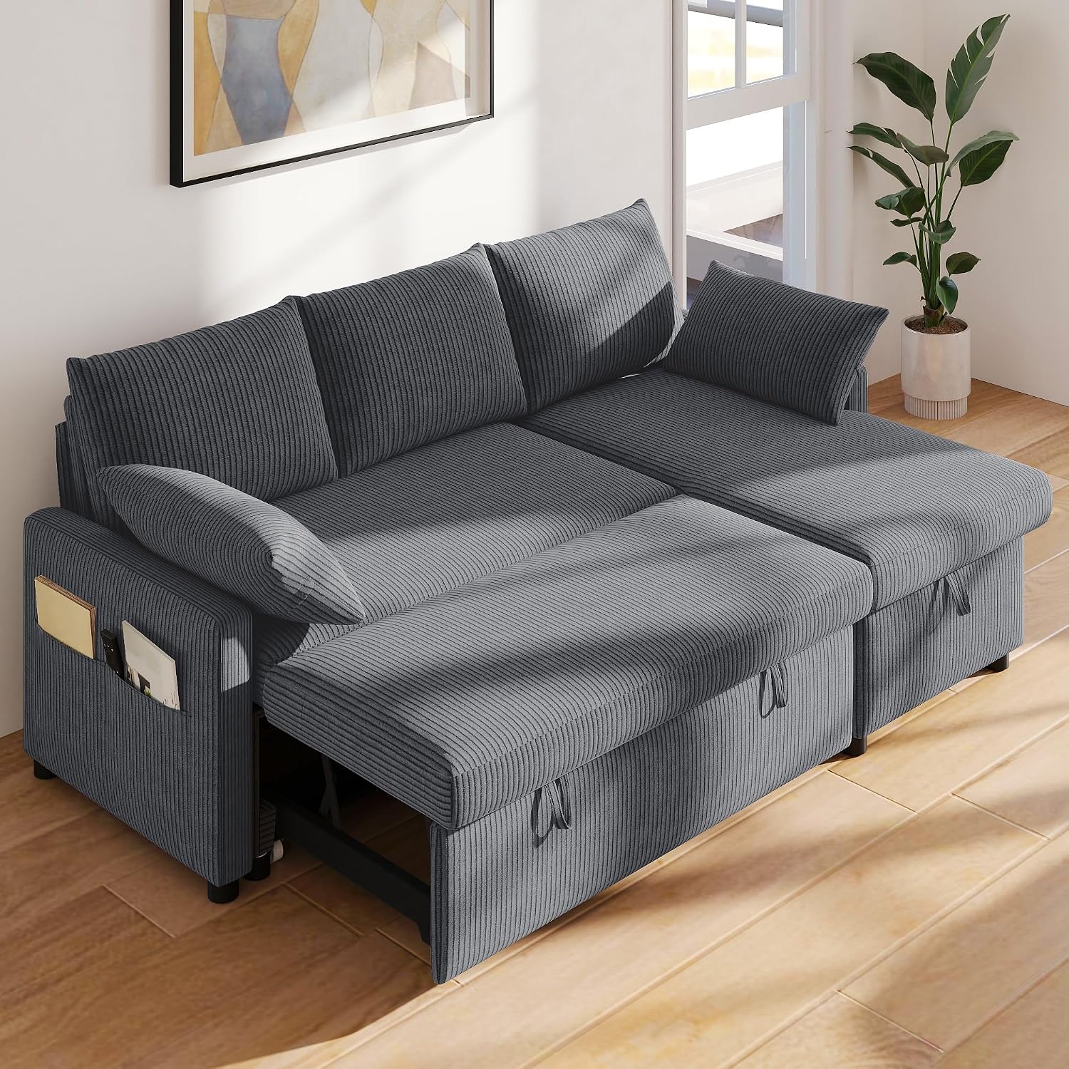 Real Relax 80'' Sofa Bed, L Shaped Corduroy Sleeper Sofa Couch with Pull Out Bed and Chaise Storage for Living Room, Apartment and Office, Dark Gray