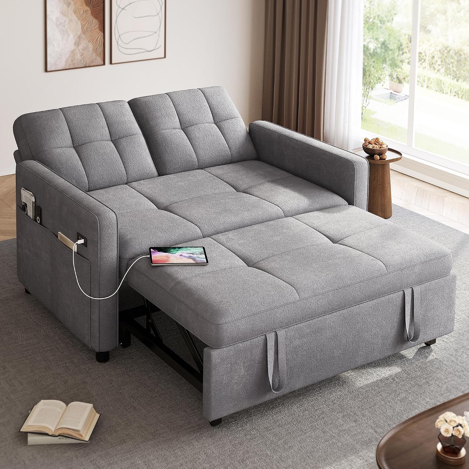 DWVO 3 in 1 Convertible Sleeper Sofa Bed, 55' Pull Out Sofa Bed with Adjustable Backrest and USB, Velvet Futon Couch with Side Pockets for Living Room, Grey