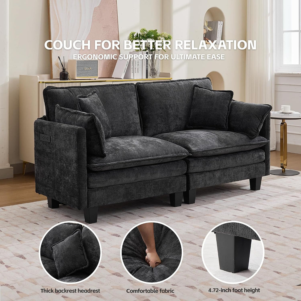 Modular Sectional Sofa, 75' Loveseat Modern Couches for Living Room, Comfy Cloud Couch with Deep Seat for Office and Apartment, with Charger, USB & Type-c Port, Black Chenille Fabric