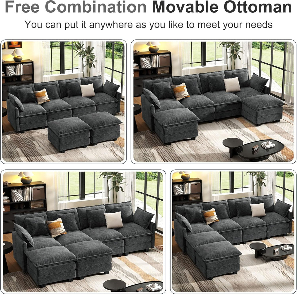 107' Cloud Couch Sectional, U Shaped Modular Sectional Sofa, 4-Seat Deep Seat Couch with 6 Removable Washable Pillows and 2 Ottoman for Living Room, Bedroom, Apartment, Black Grey