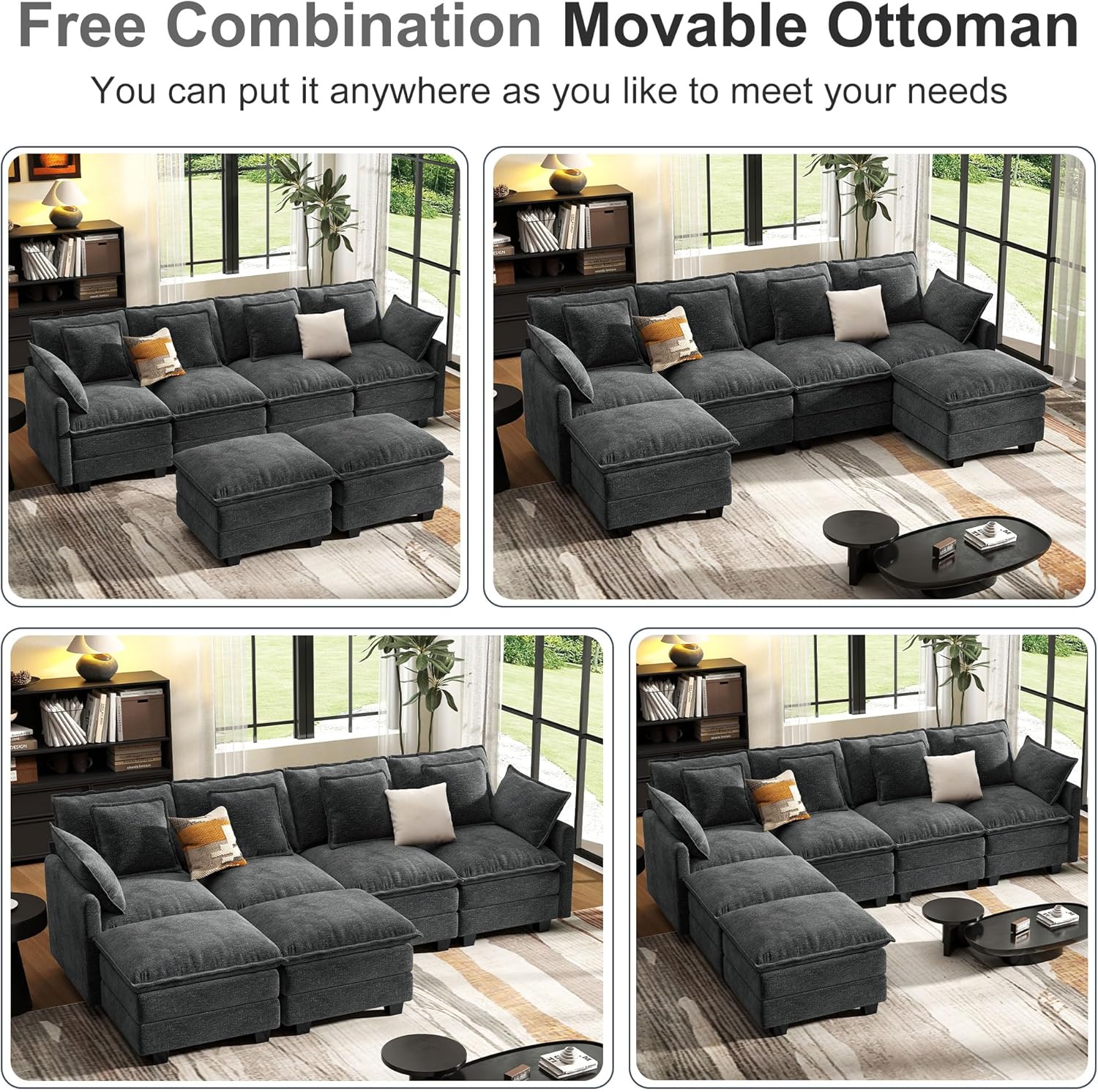 107' Cloud Couch Sectional, U Shaped Modular Sectional Sofa, 4-Seat Deep Seat Couch with 6 Removable Washable Pillows and 2 Ottoman for Living Room, Bedroom, Apartment, Black Grey