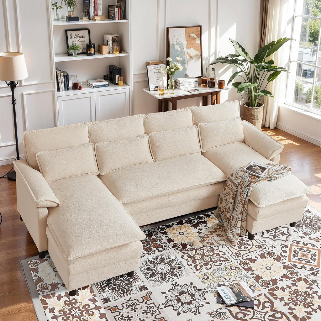 Comfy Cloud Couch Sectional Sofa with Lumbar Pillows, 105' Modern U-Shaped Cloud Sofa with Double Chaise & Deep Seat, Sectional Couches for Living Room, Office, Easy Assembly, Beige