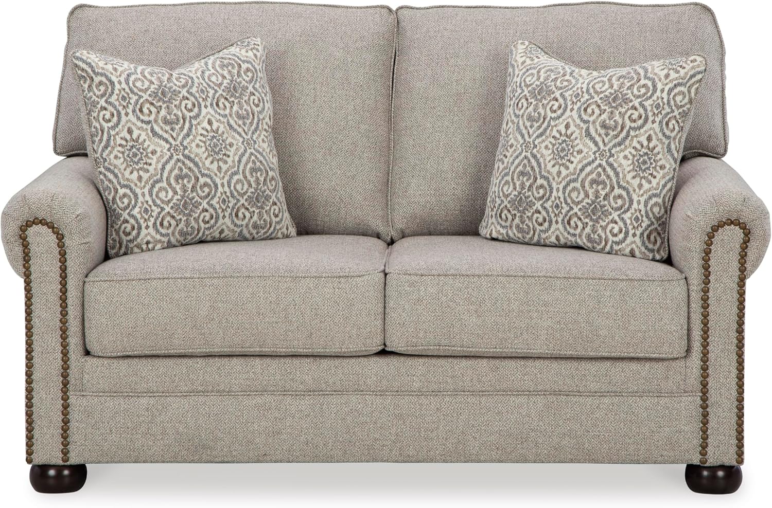 Signature Design by Ashley Gaelon Transitional Loveseat with Nailheads and 2 Accent Pillows, Beige