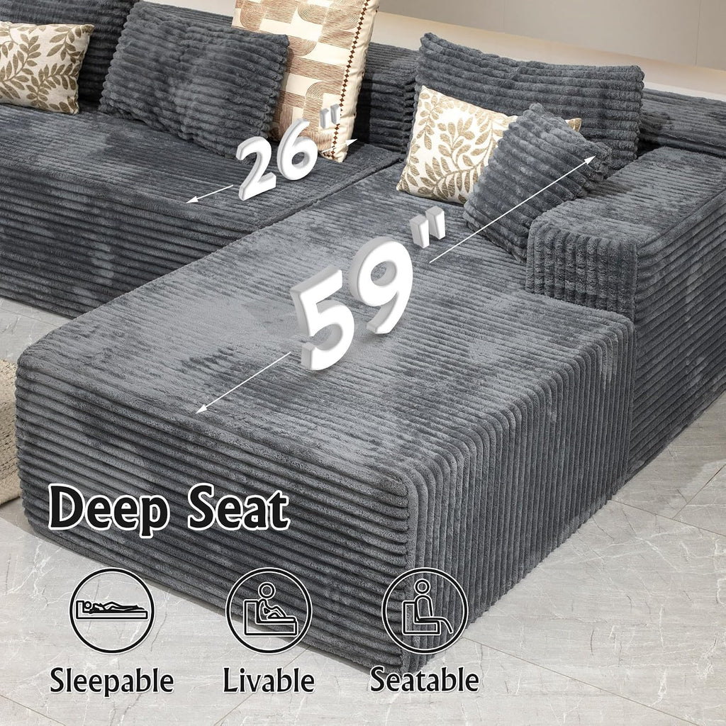 Sectional Couches for Living Room Corduroy Couch, 104' Cloud Boneless Couch with L-Shape Chaise, Modern Modular Sofa, Deep Seat Comfort, No Assembly Required(Plush Corduroy, Right Facing Chaise)