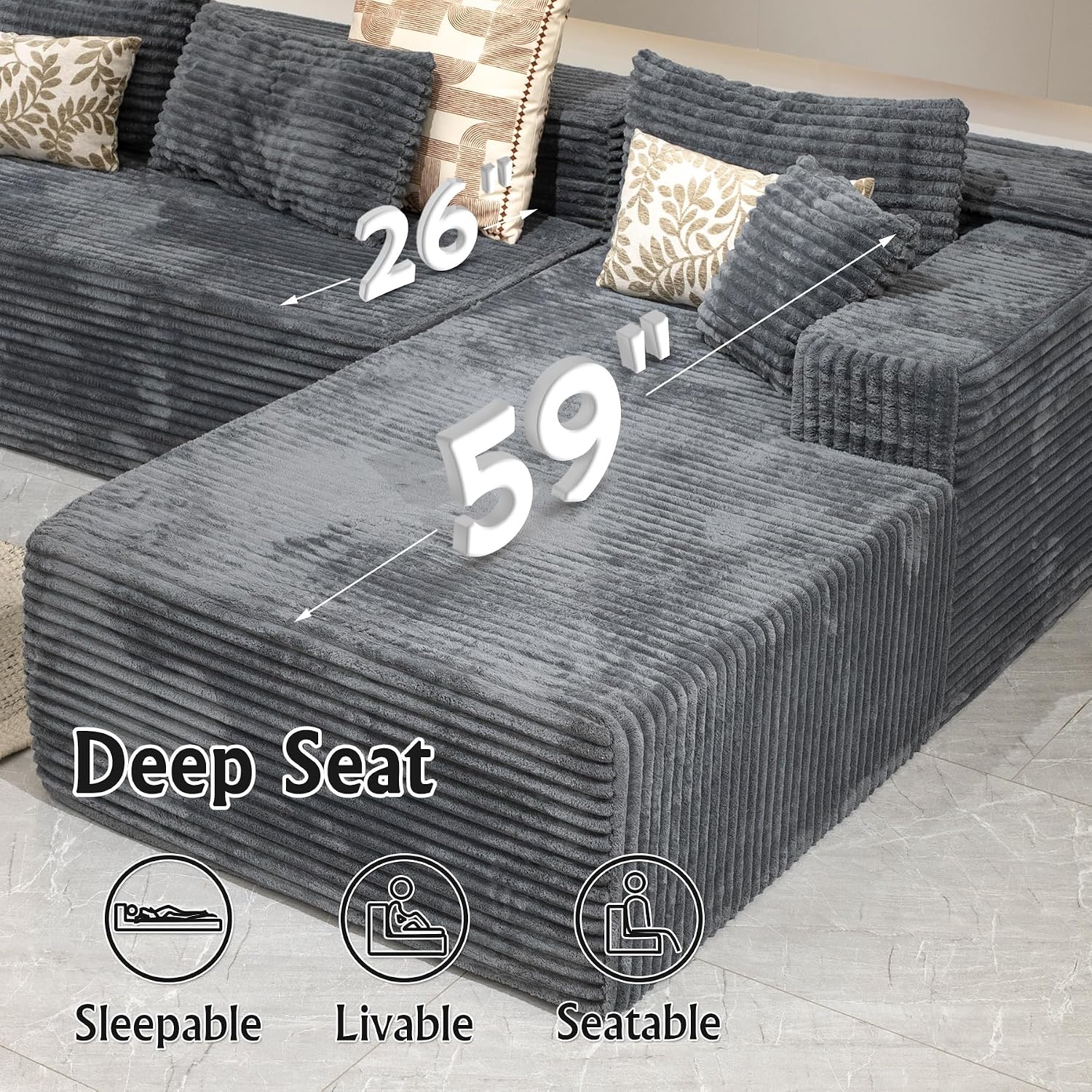 Sectional Couches for Living Room Corduroy Couch, 104' Cloud Boneless Couch with L-Shape Chaise, Modern Modular Sofa, Deep Seat Comfort, No Assembly Required(Plush Corduroy, Right Facing Chaise)