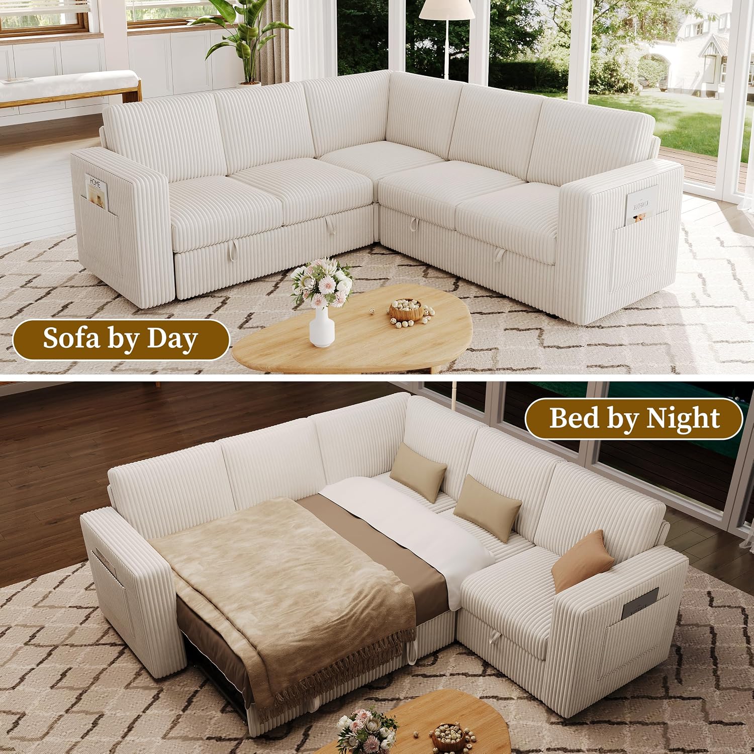 83.5' Sectional Sleeper Sofa with Pull Out Couch, Modern 5 Seat L Shaped Modular Couch, Sectionals Modular Sofa with Storage, Comfy Corduroy Couches Sectional for Living Room & Apartment, Beige