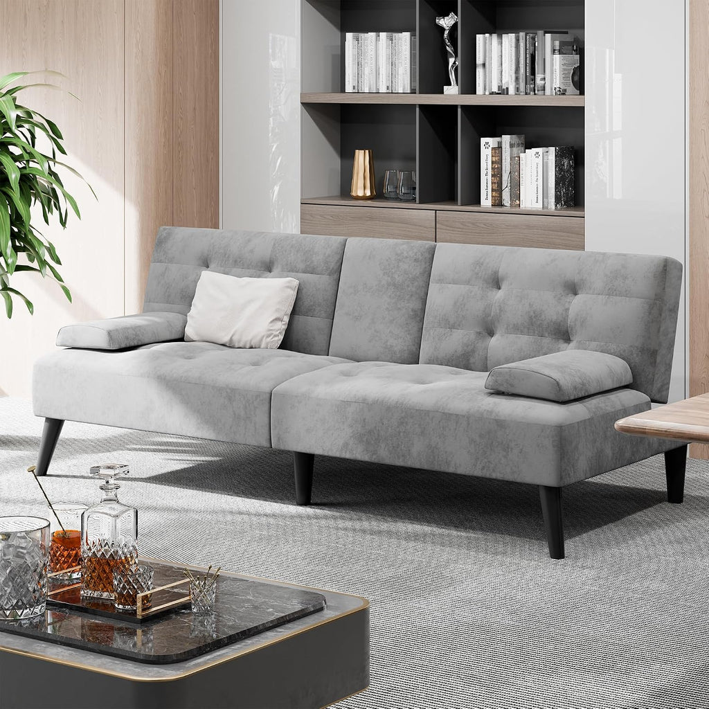Shintenchi Futon Sofa Bed, Velvet Foldable Couch Reclining Sleeper w/Removable Armrests, Upholstered Loveseat w/Folding Cup Holders for Home, Office, Light Gray