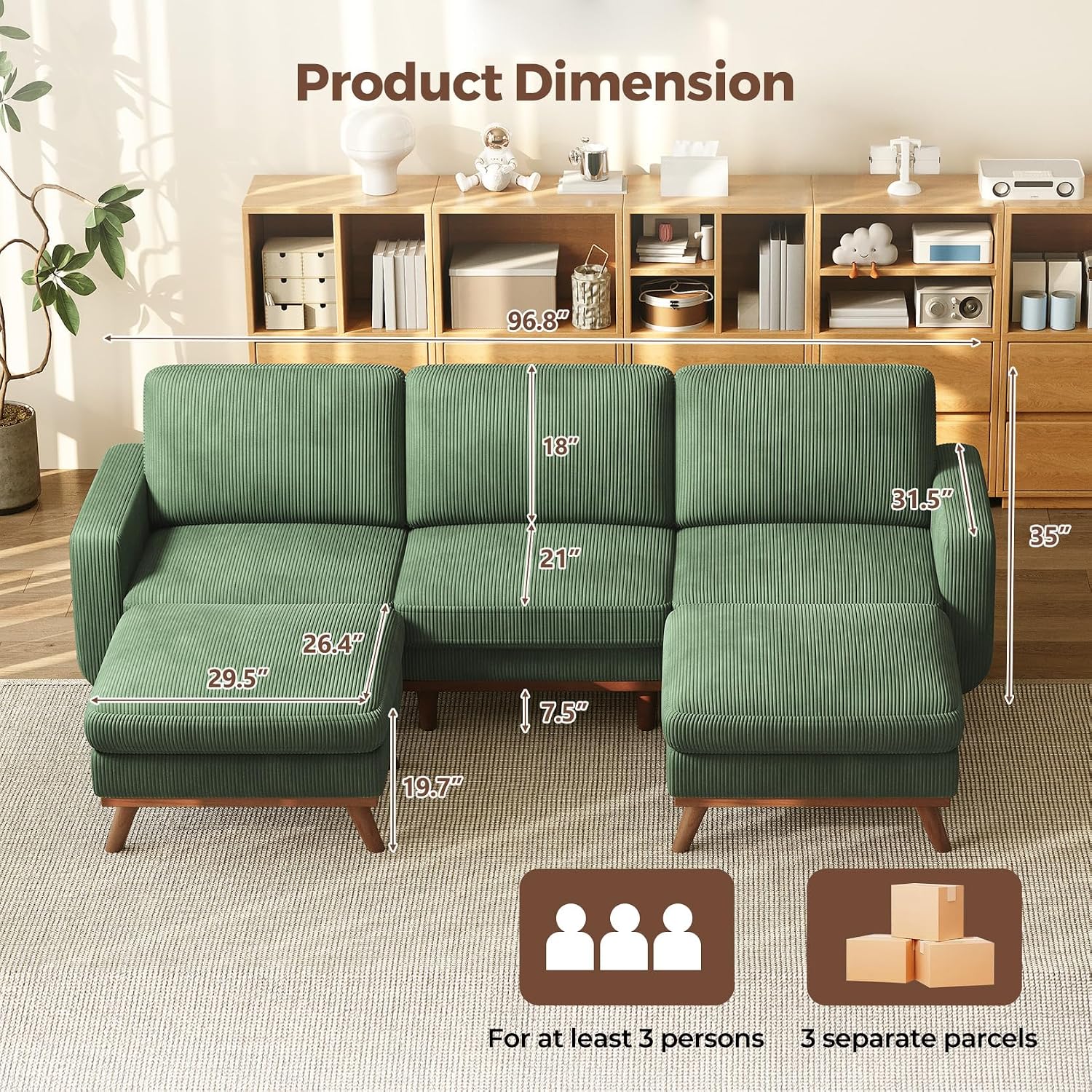 Vesgantti 97' Modular Sectional Sofa Green, U-Shaped Couch with Movable Ottoman, Comfy Corduroy Couch with Spring Cushion, Modular Sofa with Deep Seat for Living Room, Bedroom and Apartment