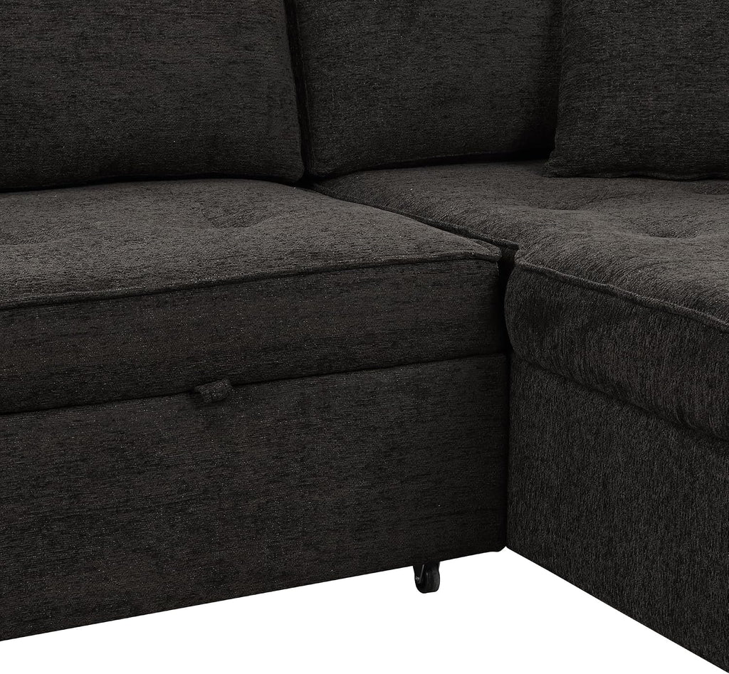 104.5 inch Reversible Sleeper Sectional Sofa with Pull Out Bed , Convertible L Shaped Sectional Couch with Storage Chaise and 2 Stools , Tufted Upholstered Pullout Sofa Bed for Living Room Apartment