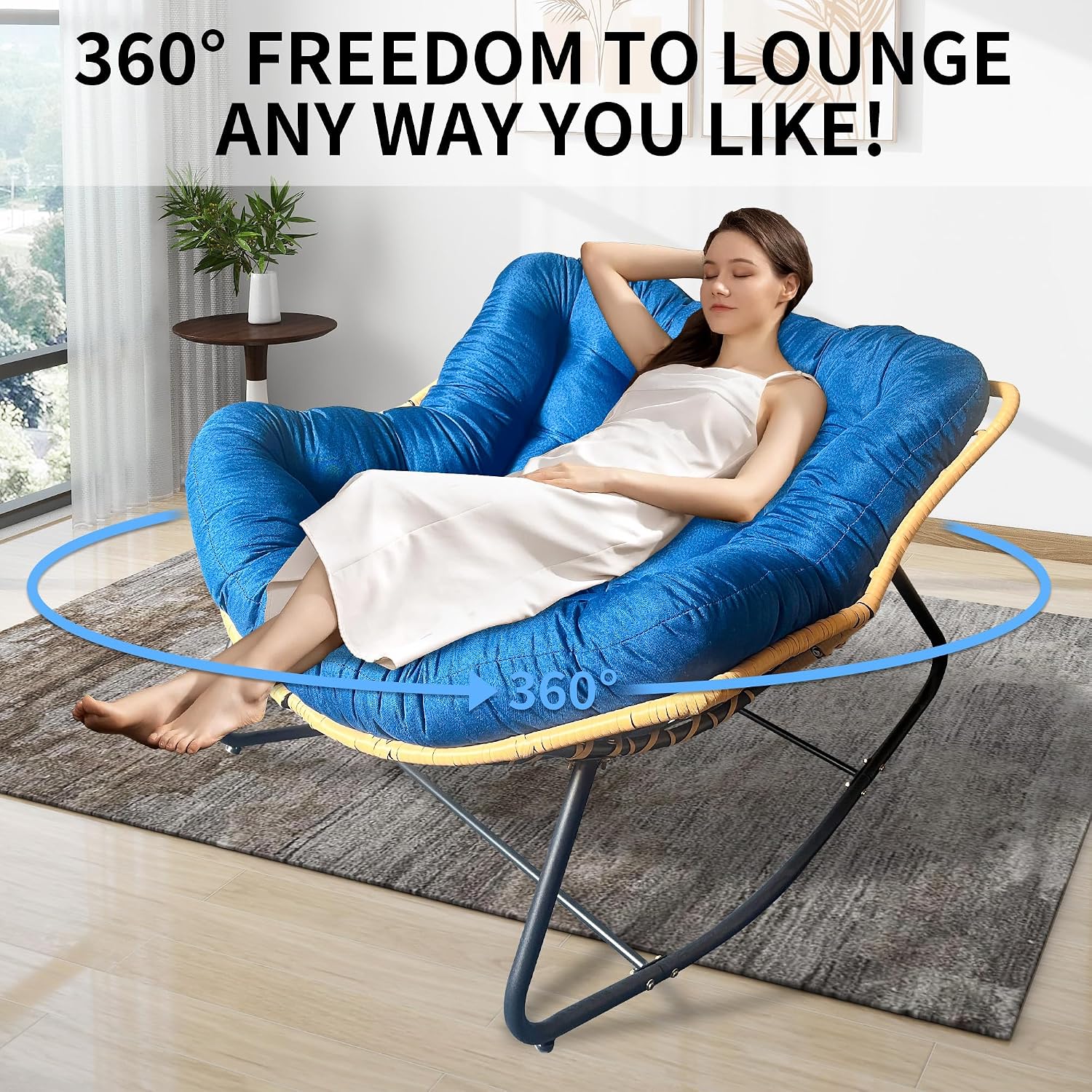 Patio Rocking Egg Chair - Outdoor Rocking Chair with Thick Cushion, Modern Indoor Outdoor Papasan Rocking Chair, Lounge Rocker for Balcony, Living Room, Bedroom, Porch, Patio, Lawn, Garden (Blue)