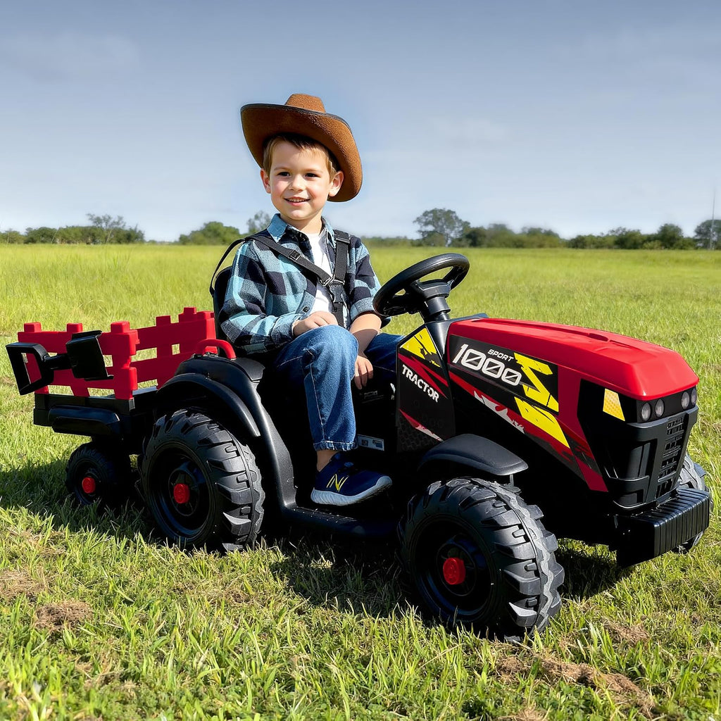 Hikiddo 24V Kids Ride on Tractor Toy, Electric Tractor for Kids 3-8 with Trailer, 2x200W Motors - Red
