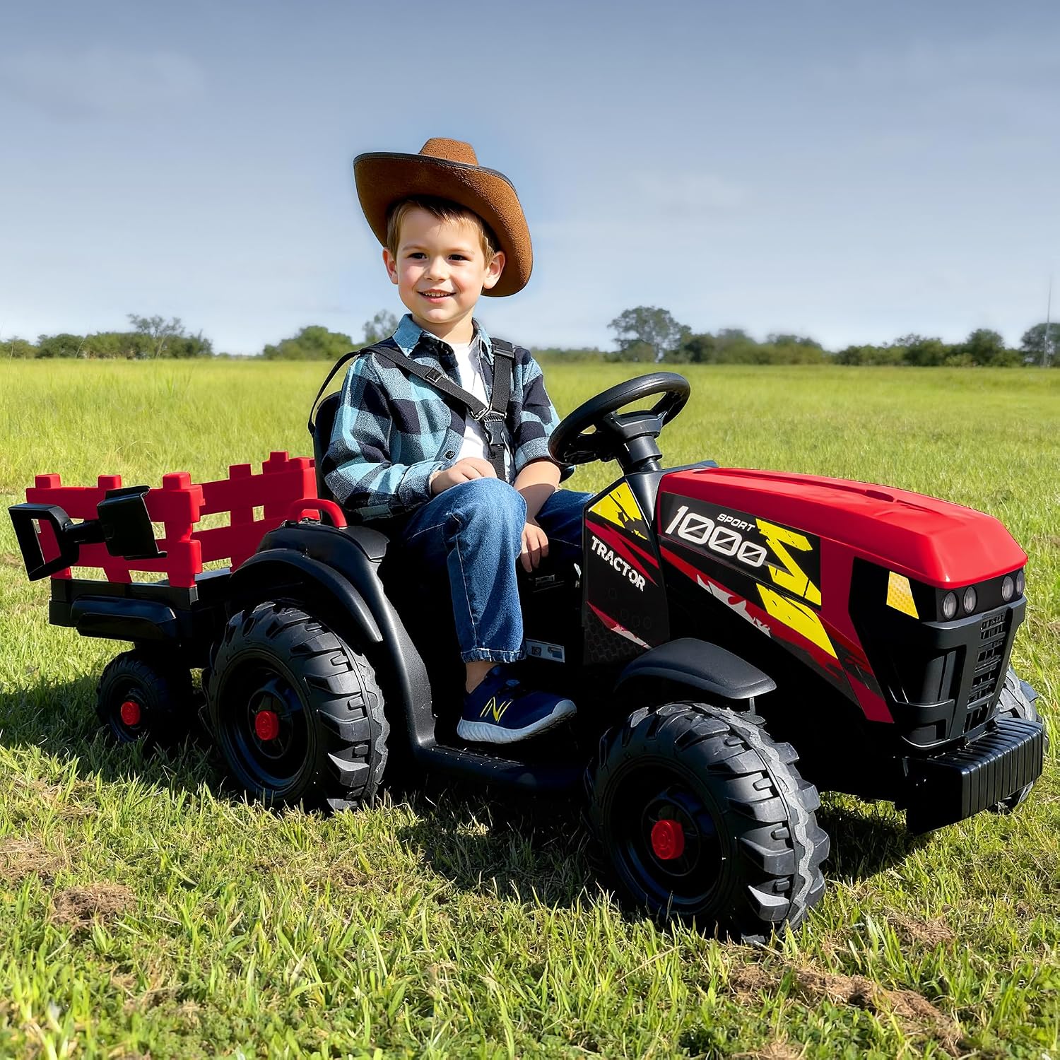 Hikiddo 24V Kids Ride on Tractor Toy, Electric Tractor for Kids 3-8 with Trailer, 2x200W Motors - Red