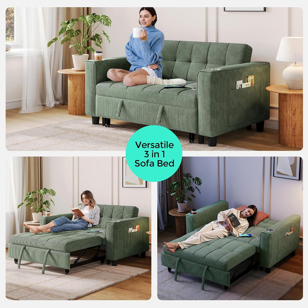 LINSY 54' Pull Out Couch with Charging Station - Sleeper Sofa Bed with Cup Holder, Small 3 in 1 Convertible Loveseat Sleeper Couch for Apartment, Dorm Room, Bedroom and Small Space, Olive Green