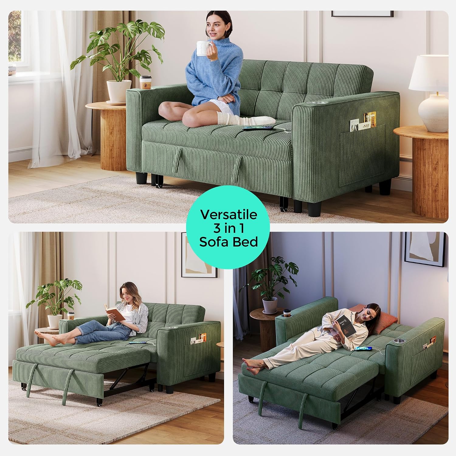 LINSY 54' Pull Out Couch with Charging Station - Sleeper Sofa Bed with Cup Holder, Small 3 in 1 Convertible Loveseat Sleeper Couch for Apartment, Dorm Room, Bedroom and Small Space, Olive Green