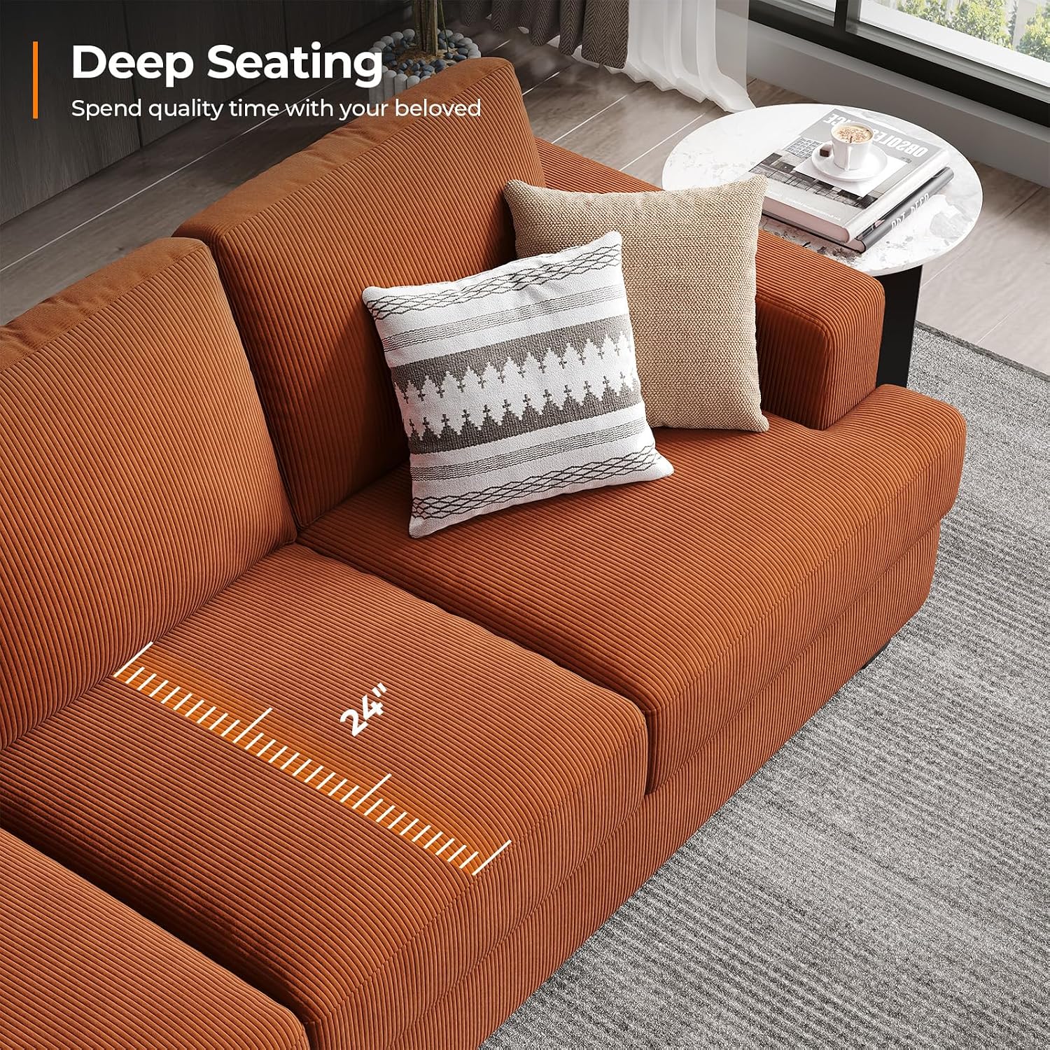 COPIAE 89 Inch Sofa with Extra Deep Seats Oversize, 3 Seater Sofa for Living Room, Modern Couch and Sofa, Comfy Armrests and Seats and Backrests, Easy Installation, Corduroy Fabric Rust