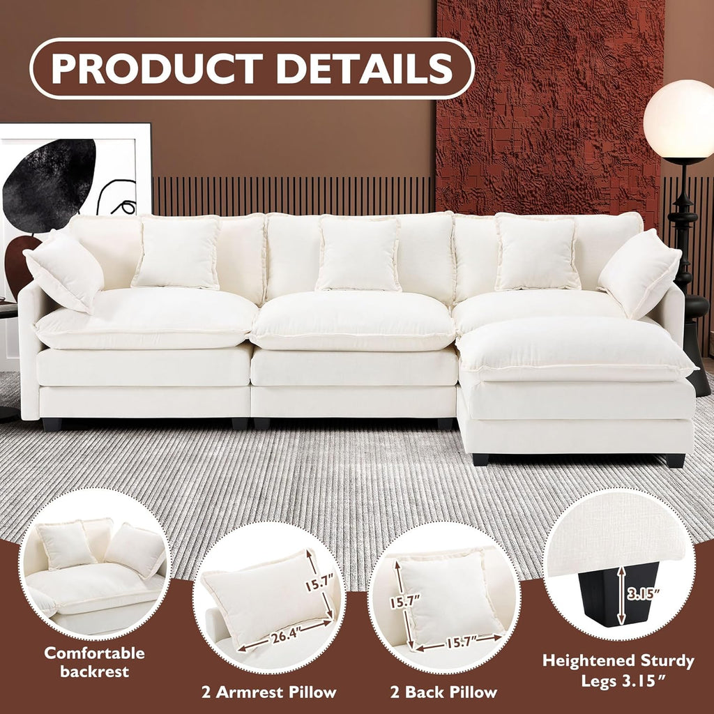 Ihanherry 111.4' L Shaped Modern Sofa Modular Sectional Cloud Couch with Ottoman, 4-Seat Chenille Deep Seat Sofa with Pillow for Living Room, Bedroom and Apartment, Beige