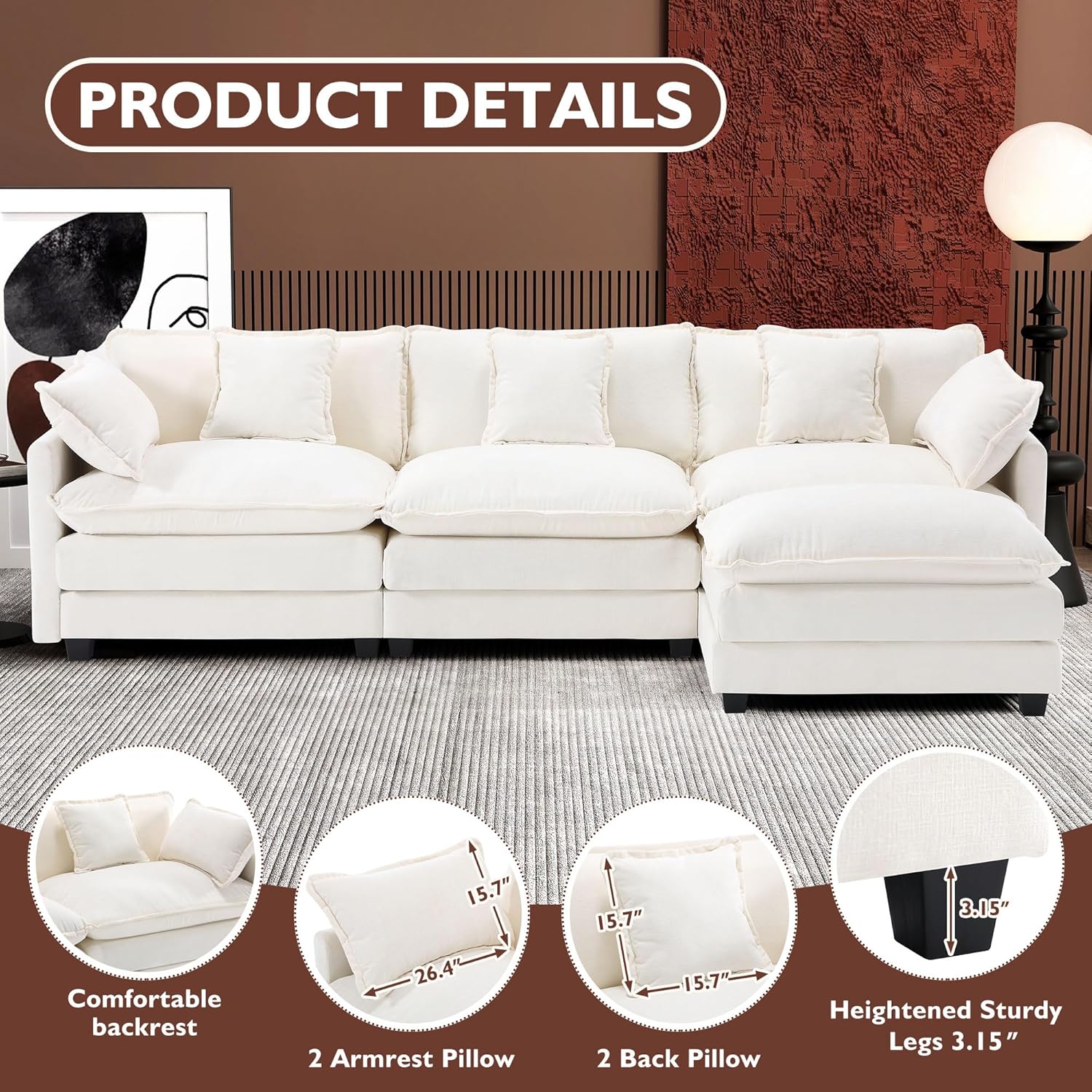 Ihanherry 111.4' L Shaped Modern Sofa Modular Sectional Cloud Couch with Ottoman, 4-Seat Chenille Deep Seat Sofa with Pillow for Living Room, Bedroom and Apartment, Beige