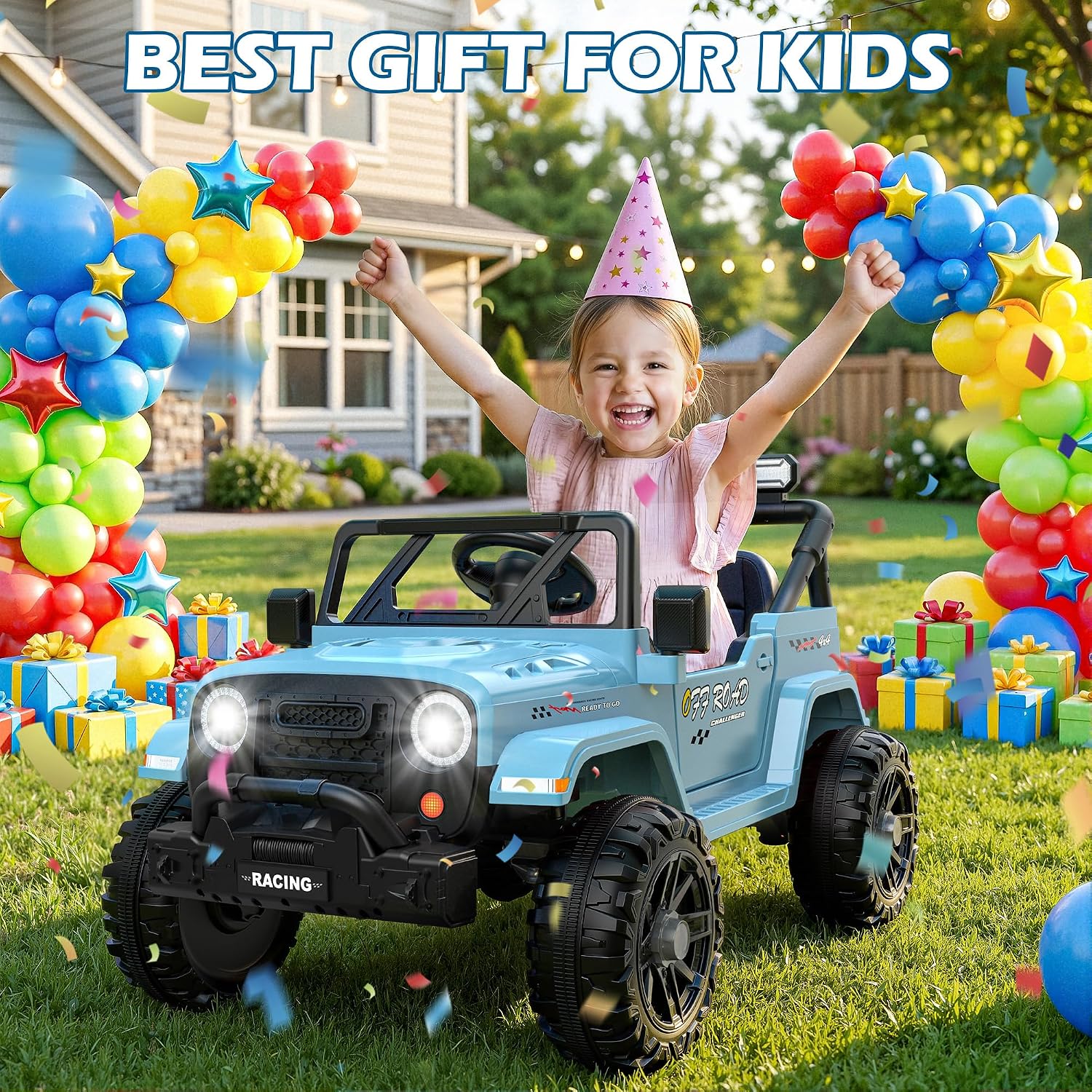 ARBELI 12V Ride On Truck Car with Remote Control, Kids Electric Vehicles with Bluetooth Music, Horn, 3 Speeds, 4 LED Lights, Soft Start, Ride on Toys for Toddler Boys & Girls (Blue)