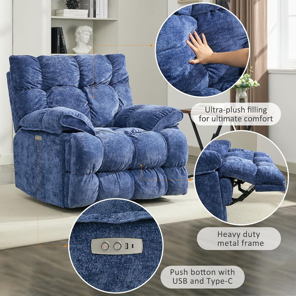 Oversized Recliner Chair, Overstuffed Swivel Rocker with Extra Wide Seat & Breathable Fabric for Living Room (Power, Blue)