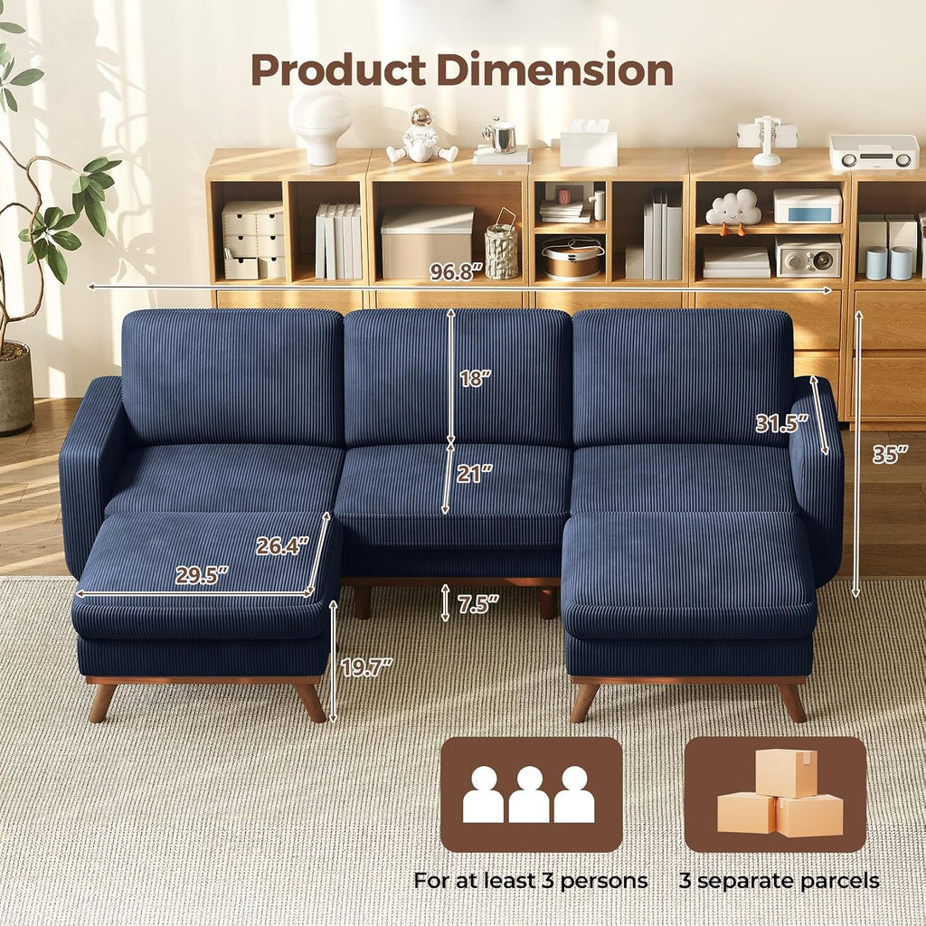 Vesgantti 97' Modular Sectional Sofa Dark Blue, U-Shaped Couch with Movable Ottoman, Comfy Corduroy Couch with Spring Cushion, Modular Sofa with Deep Seat for Living Room, Bedroom and Apartment