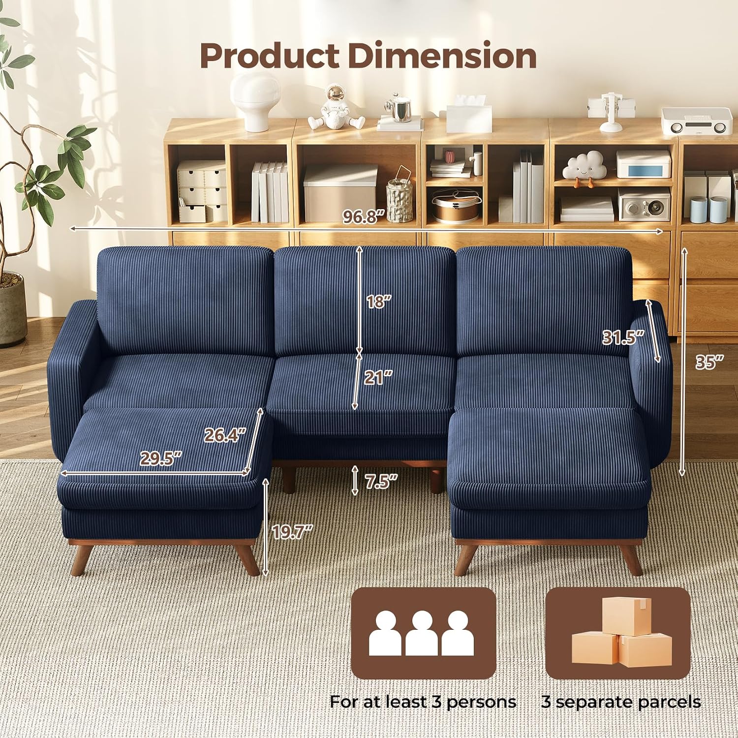 Vesgantti 97' Modular Sectional Sofa Dark Blue, U-Shaped Couch with Movable Ottoman, Comfy Corduroy Couch with Spring Cushion, Modular Sofa with Deep Seat for Living Room, Bedroom and Apartment