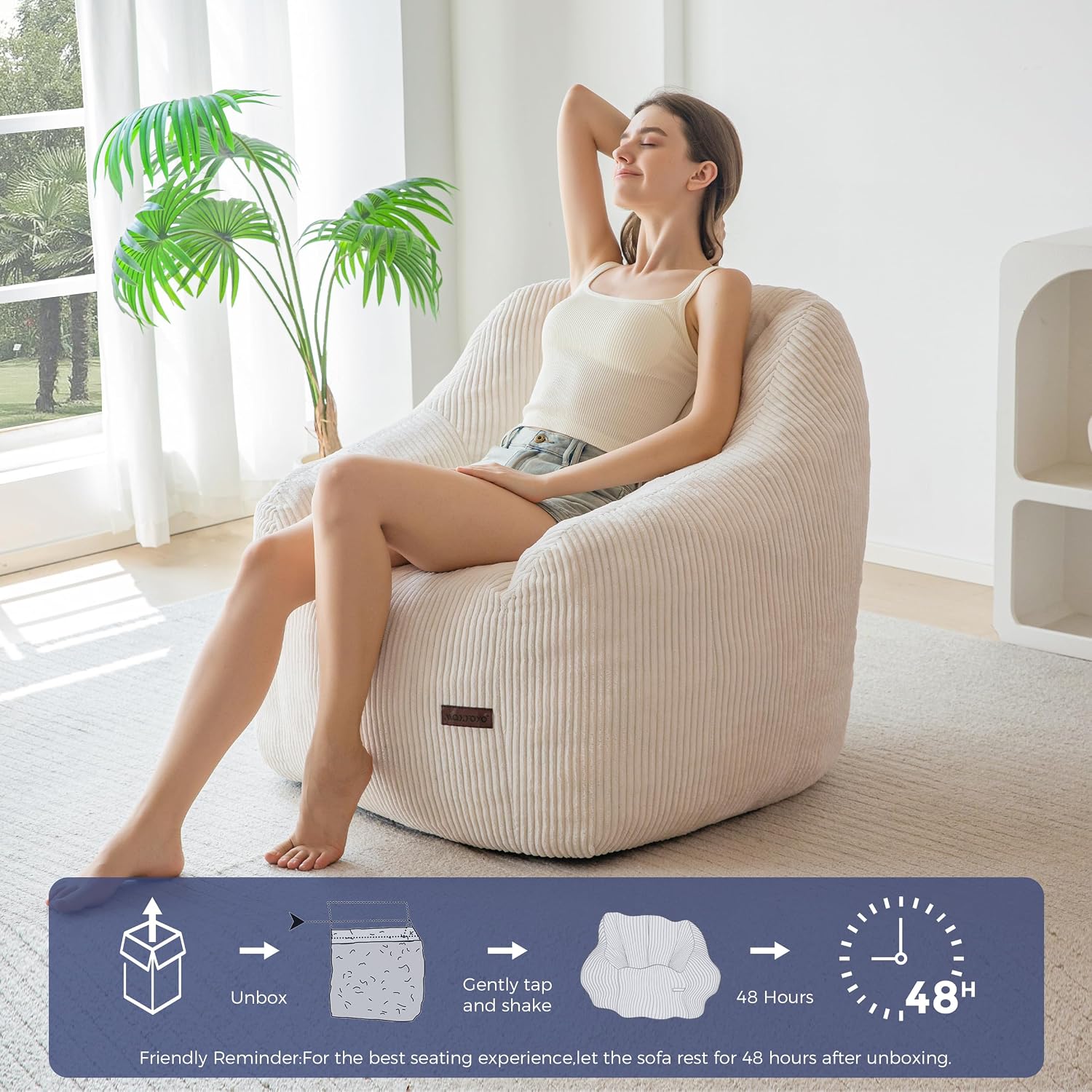 MAXYOYO Bean Bag Chair, Bean Bag Sofa with Filler, Cozy Living Room Chair for Adults and Kids, Stuffed Floor Sofa for Bedroom Dorm Reading, Beige