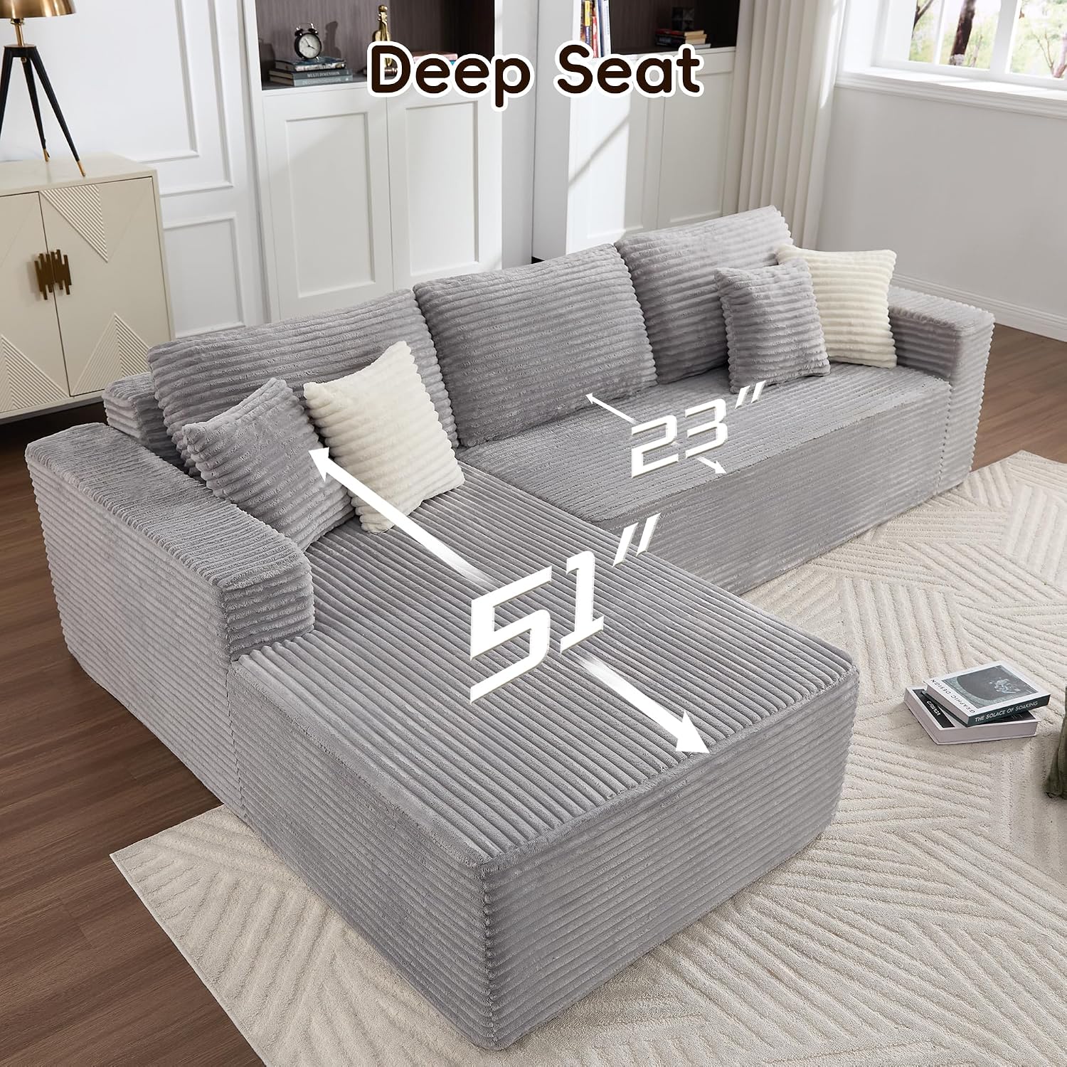 Opiesit 108' Boneless Couches for Living Room, Modular Sectional Sofa with Oversized Chaise, L-Shape Cloud Couch with Deep Seat, High-Density Memory Foam, No Assembly Required, Plush Corduroy Grey