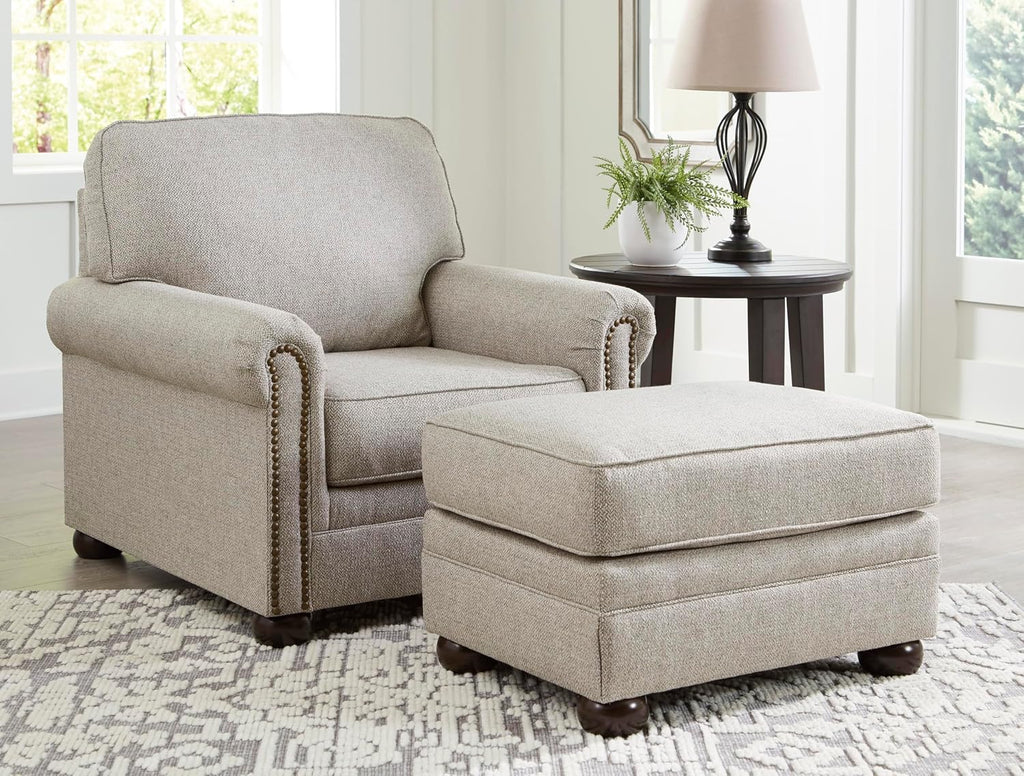 Signature Design by Ashley Gaelon Transitional Upholstered Chair with Nailheads, Light Gray