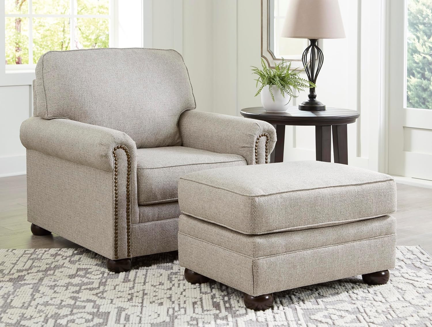 Signature Design by Ashley Gaelon Transitional Upholstered Chair with Nailheads, Light Gray