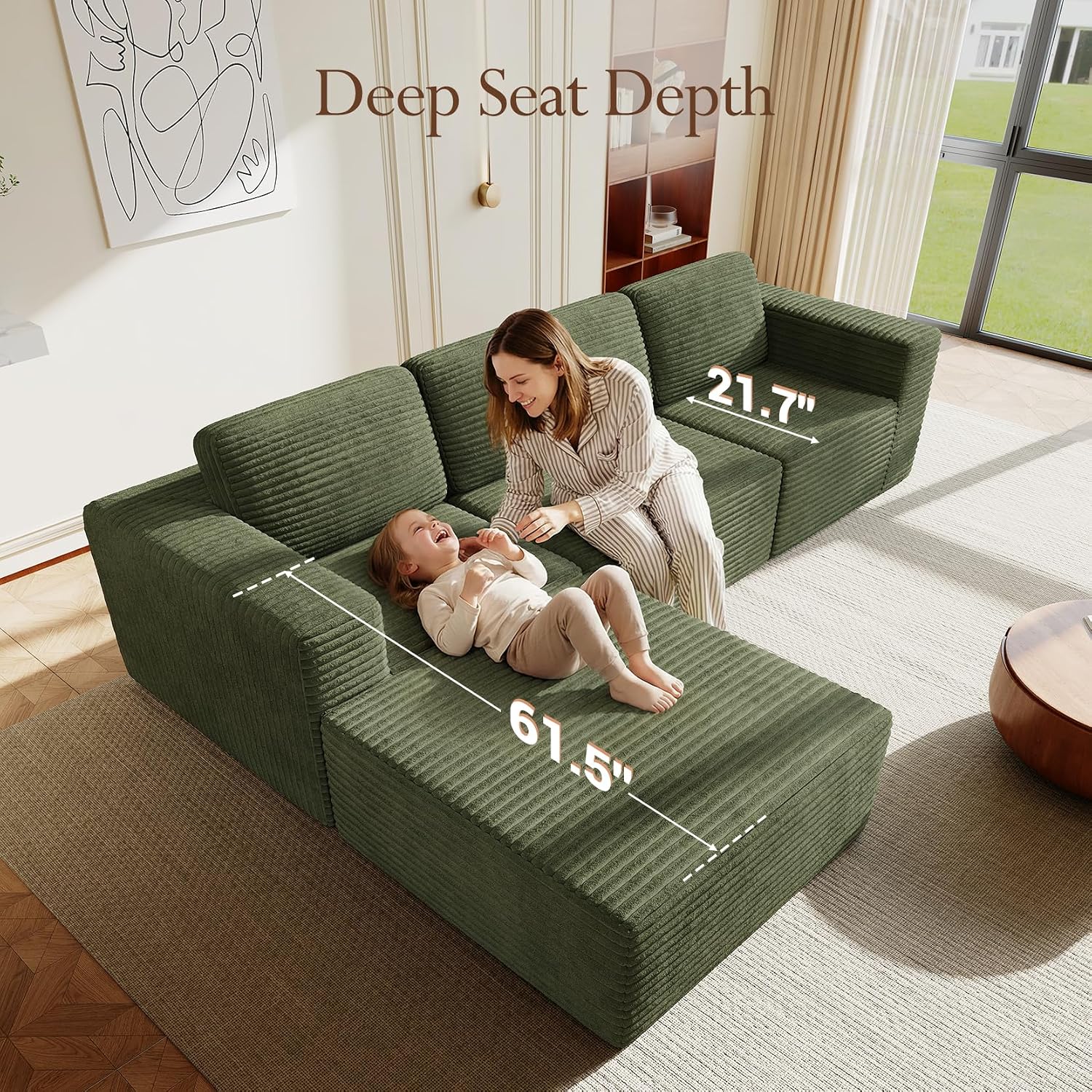 Vesgantti 119' L-Shaped Modular Sectional Sofa, Corduroy Cloud Couch with Deep Seating & Spring Support, Flexible Layout Sofa with Ottoman, Boneless Style, No Assembly Required, Green