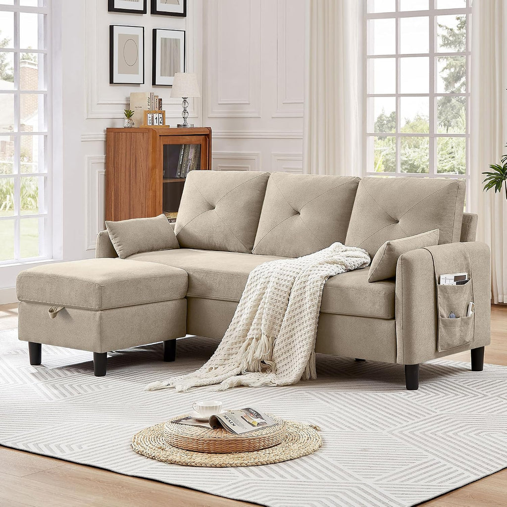 Convertible Sectional Sofa, 77' Small L Shaped 3 Seat Couch with Reversible Storage Chaise, Modern Polyester Fabric Sofa Couches for Living Room, Apartment and Small Space, Beige
