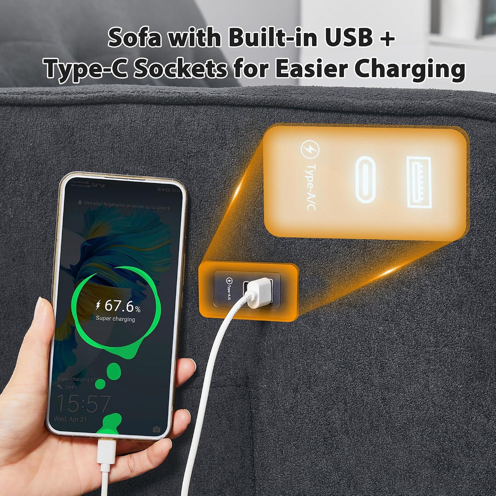 Convertible Sofa Bed, 3 in 1 Pull Out Couch, Loveseat Sleeper with Side Pocket, Living Room Sofa with Adjustable Backrest | USB Charging Port | Two Pillows | Fabric | Slate Gray