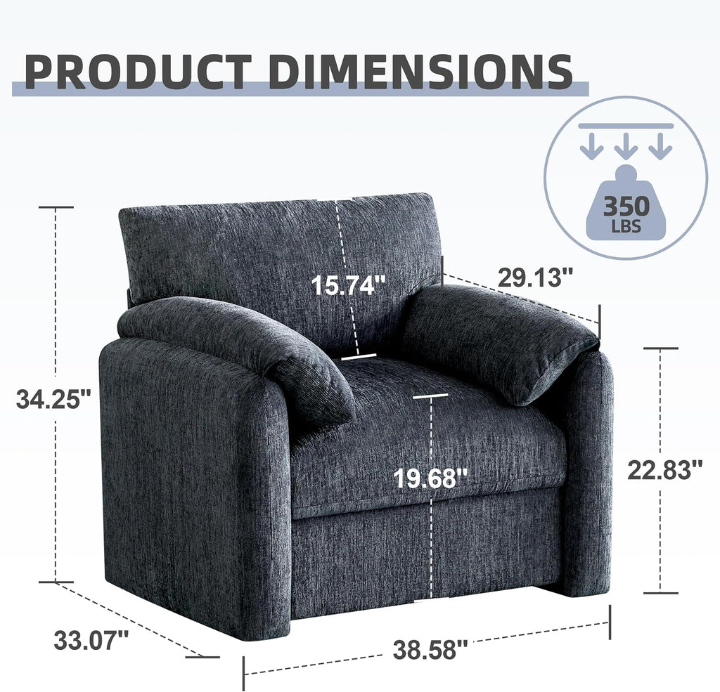 Howjoe Chenille Oversized Armchair, 38.6' Wide Accent Chairs for Living Room & Bedroom Modern Lounge Chair, Upholstered Mid-Century Reading Chair, Comfy Living Room Chair, Single Sofa Chair, Blue