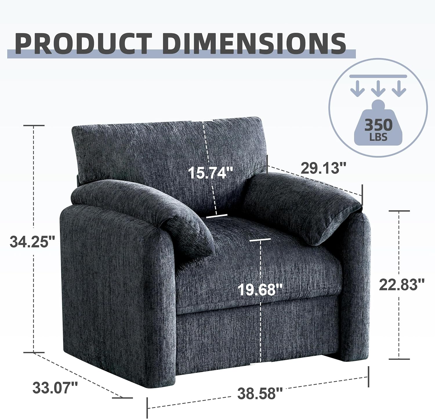 Howjoe Chenille Oversized Armchair, 38.6' Wide Accent Chairs for Living Room & Bedroom Modern Lounge Chair, Upholstered Mid-Century Reading Chair, Comfy Living Room Chair, Single Sofa Chair, Blue