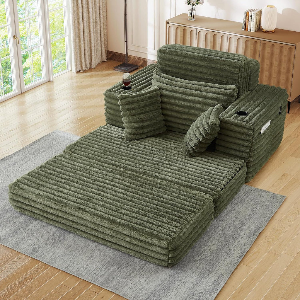 5-In-1 Oversized Chaise Lounge Chair Indoor with Ottoman,54.5'W Faux Fur Convertible Folding Sleeper Sofa Bed with Cup Holder&Side Pocket,Comfy Boneless Couch Sofa Chair for Living Room,Bedroom(Green)