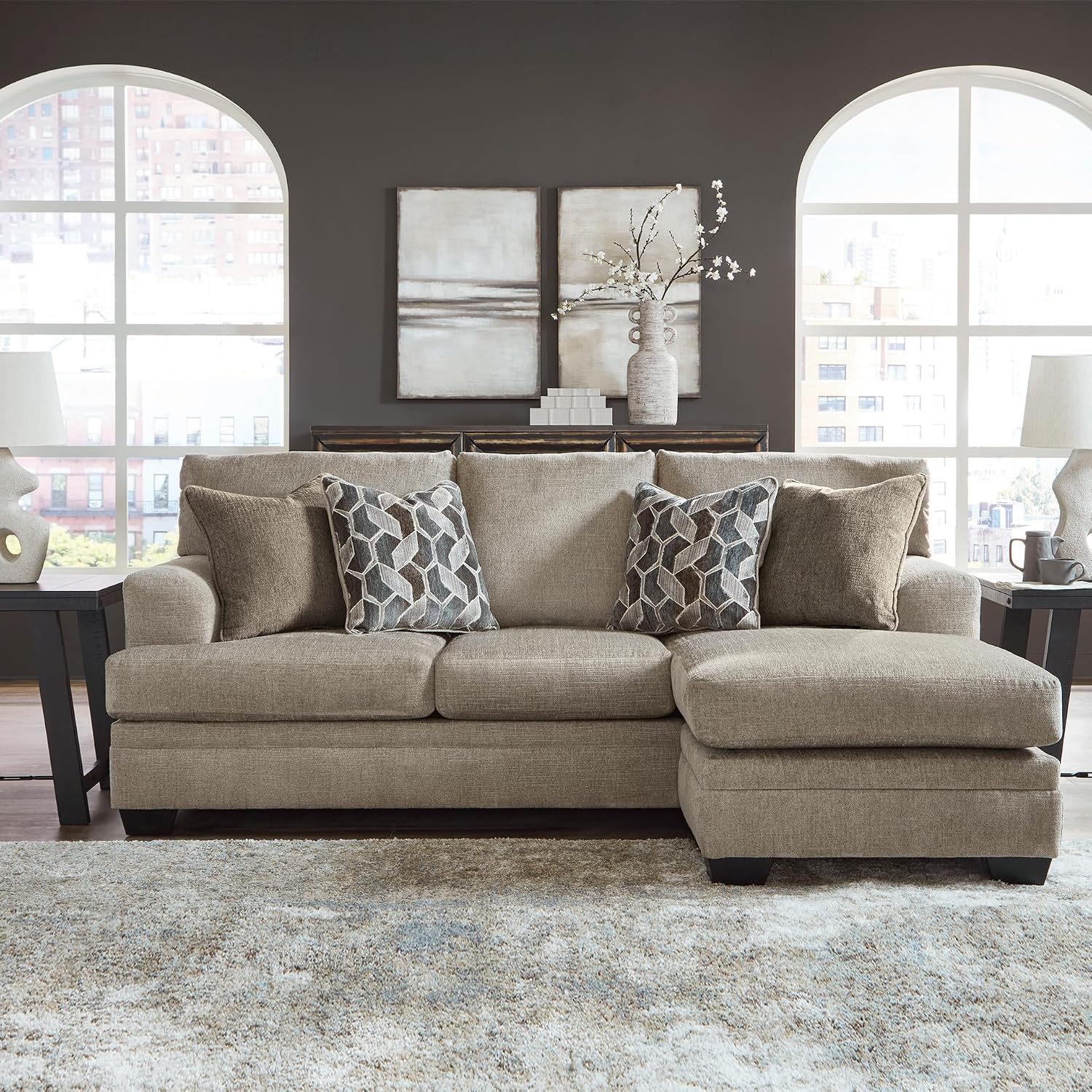 Signature Design by Ashley Stonemeade Casual Right-Arm Facing Sofa Chaise with 4 Toss Pillows, Light Brown