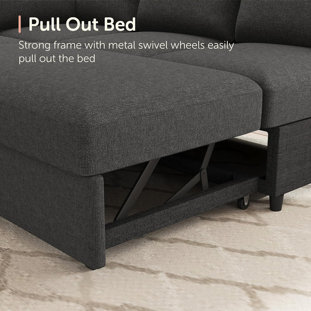 HONBAY Sectional Sleeper Sofa with Pull-Out Bed Storage Chaise, 6 Seater Couch for Living Room, Middle Grey