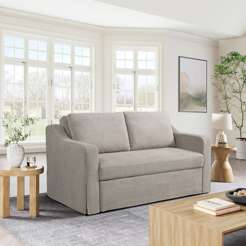 Serta Hawthorne 66.1' Slipcovered Convertible Sleeper Loveseat, Full Size, Dreamcoil Comfort, FingerGuard Pinch Point Protection, Polyester Tweed Fabric, Flax