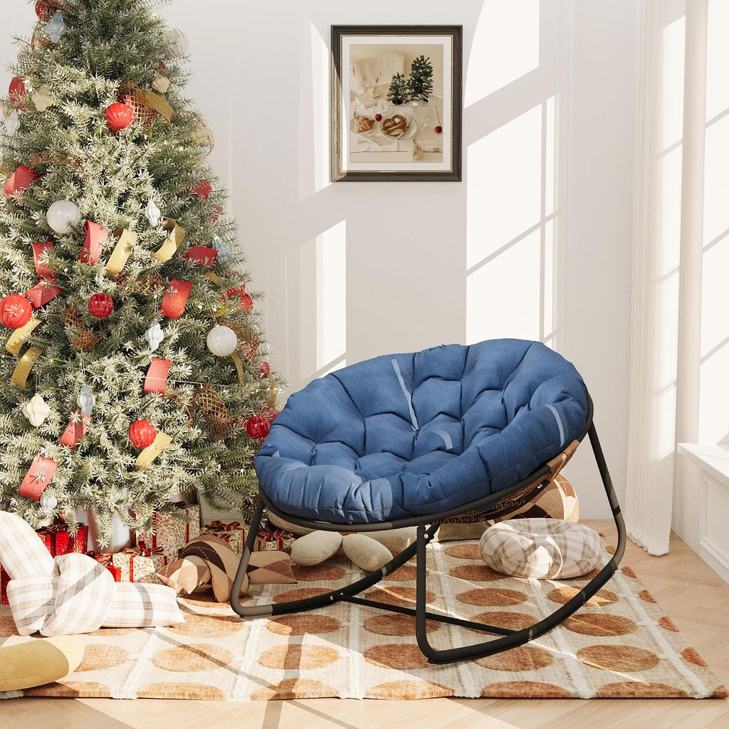 Outdoor Rocking Chair, Indoor & Outdoor Comfy Oversized Papasan Chair with Padded Cushion, Oversized Metal Frame Egg Chair for Living Room, Patio, Front Porch, Backyard